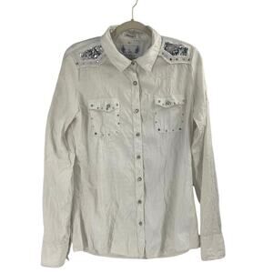 Passion to ROAR Western White Shirt Rhinestone Bling Rodeo Cowgirl Stretch XL